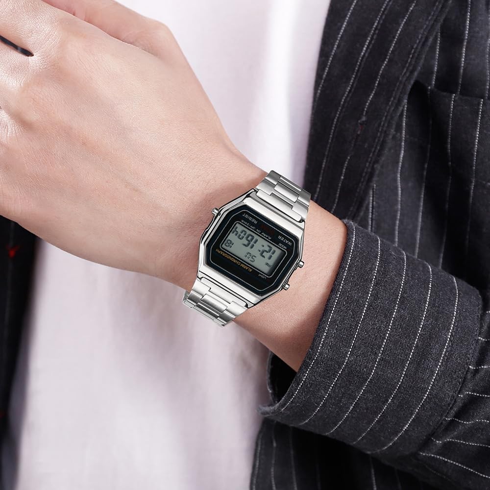 Men Lady Vintage Retro Gold Stainless Steel Digital Casual Watch Alarm Stopwa…