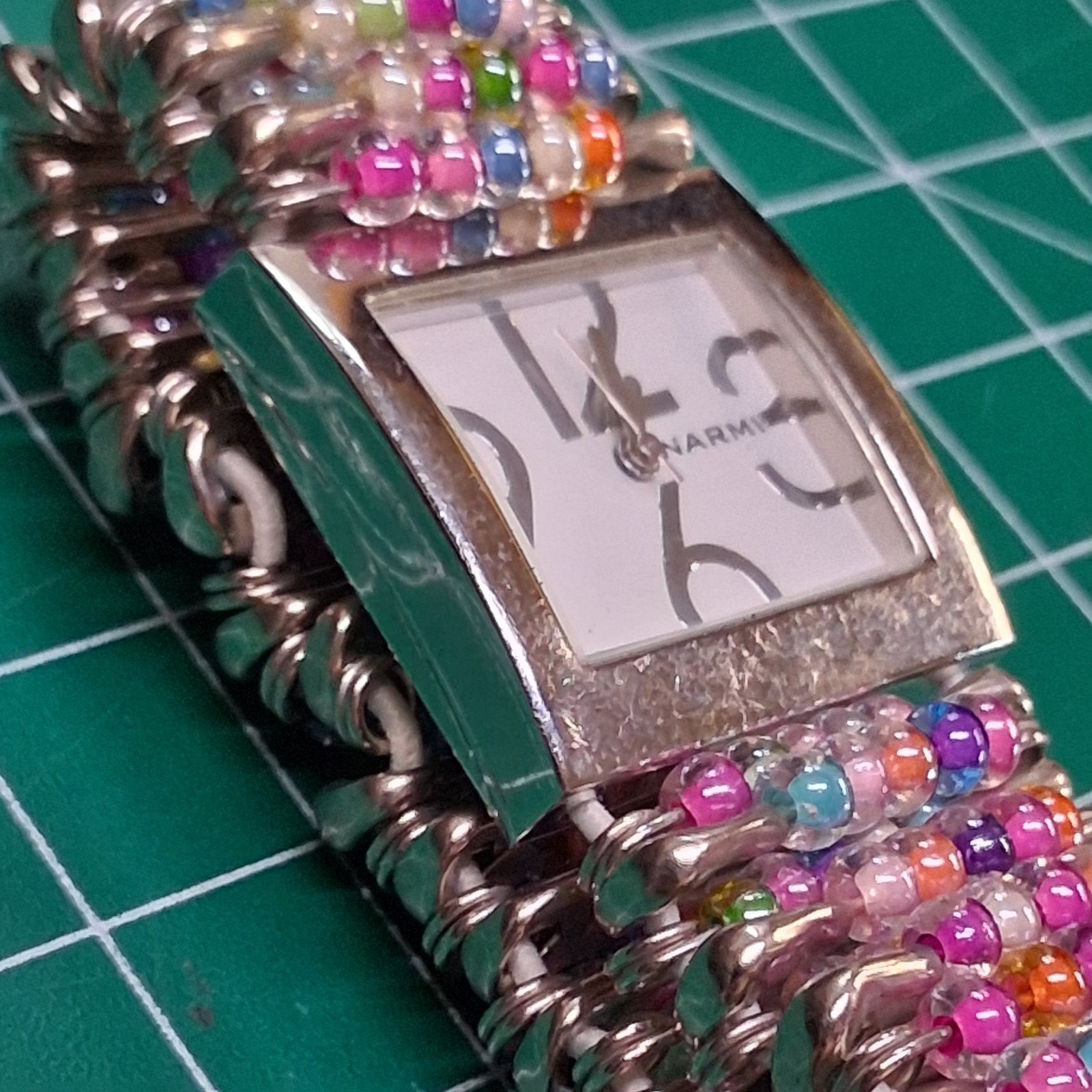 Narmi Womens Stainless Steel Square Face Pastel Beaded Stretch Band Quartz Watch