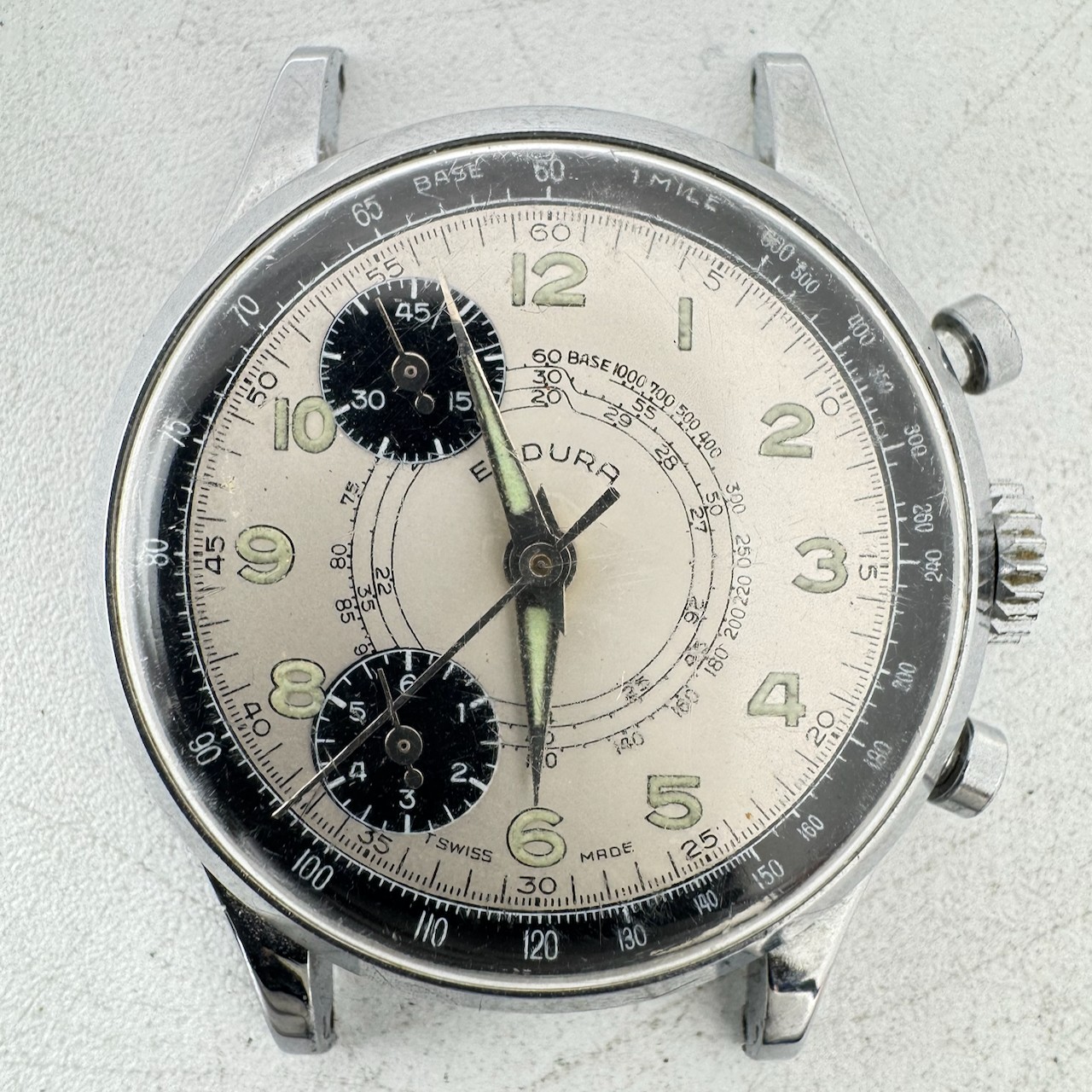 Vintage 35.5mm Endura Faux Chronogragh Lap Timer Panda Dial Wristwatch