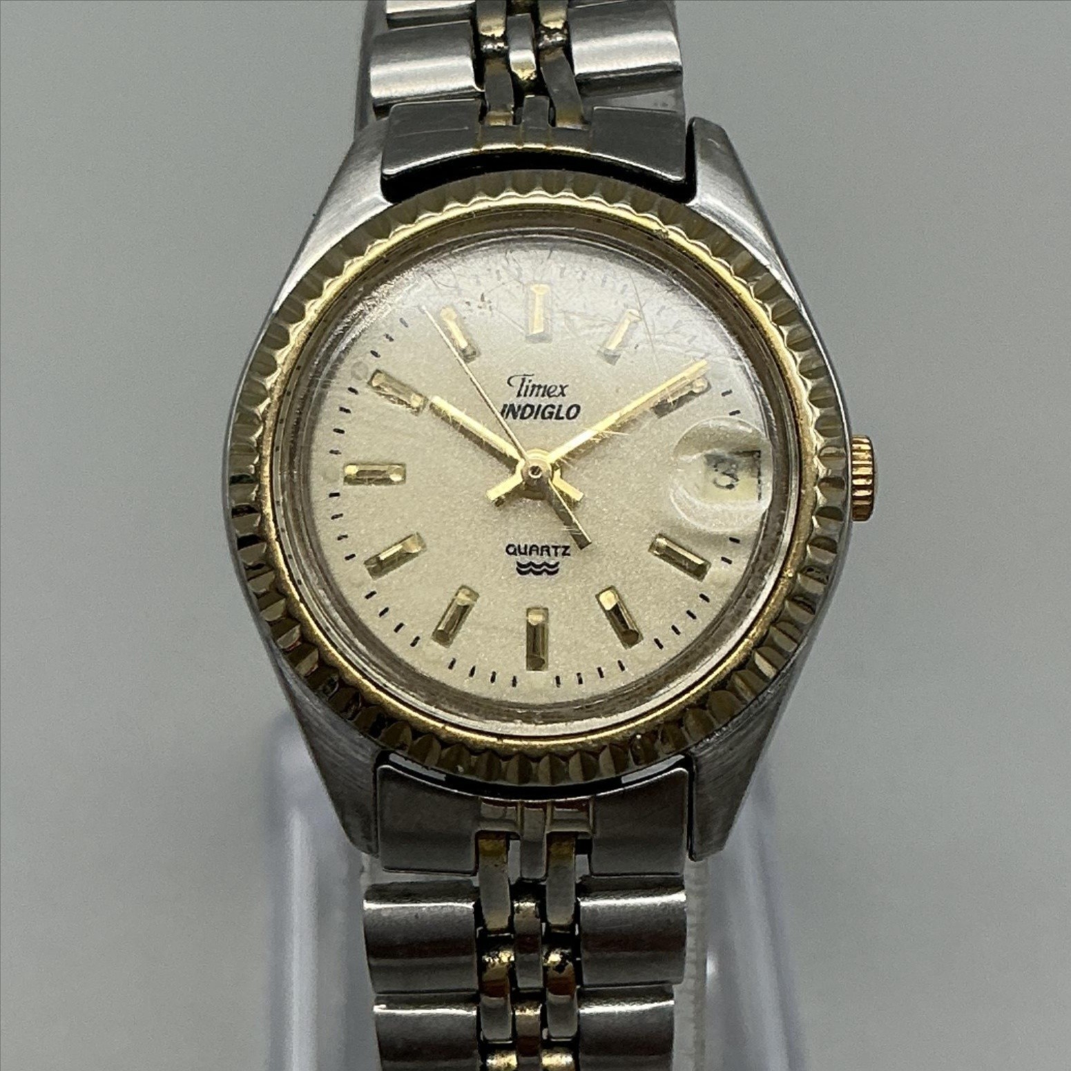 Timex Indiglo Womens Watch 25mm Champagne Dial Two Tone Date New Battery 6.5″