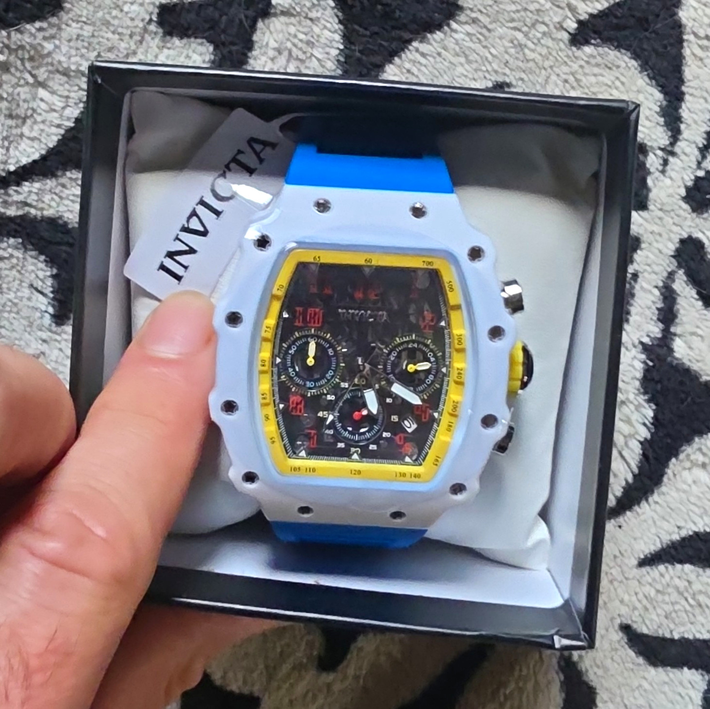 Invicta Chronograph Quartz Analog Watch Black/Red Dial Blue Rubber Strap