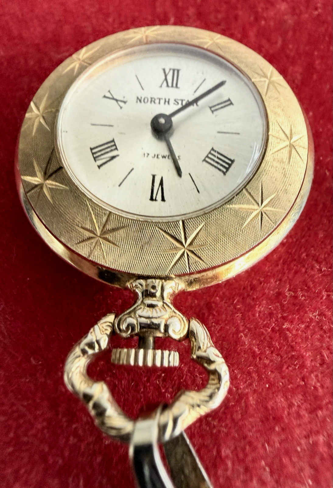 Vintage Mid Century Starburst Pendant Watch North Star 17J Necklace Box Paper