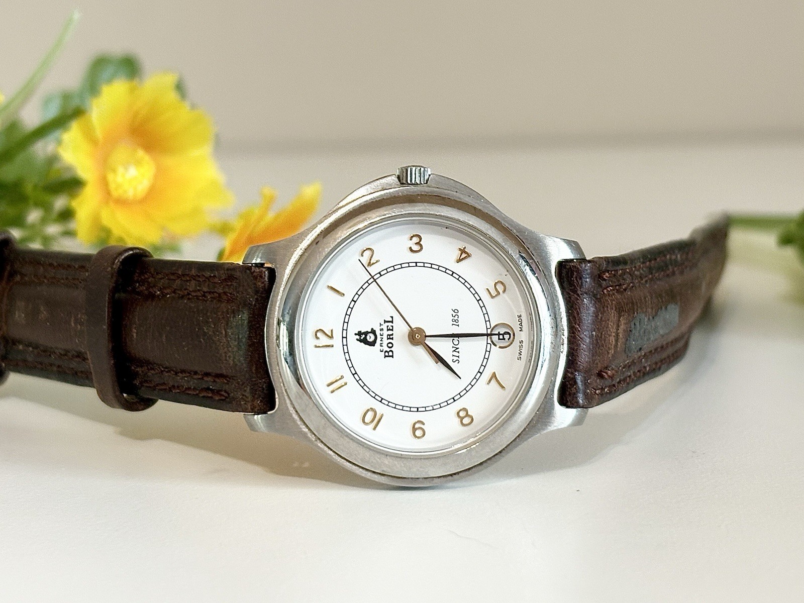 Rare Vintage Ernest Borel Day/Date Swiss Luxury Brown Leather Two-Tone Men Watch
