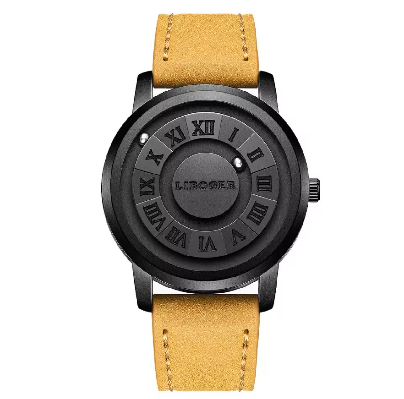 Magneto Quartz Magnetic Watch with Brown Leather Strap