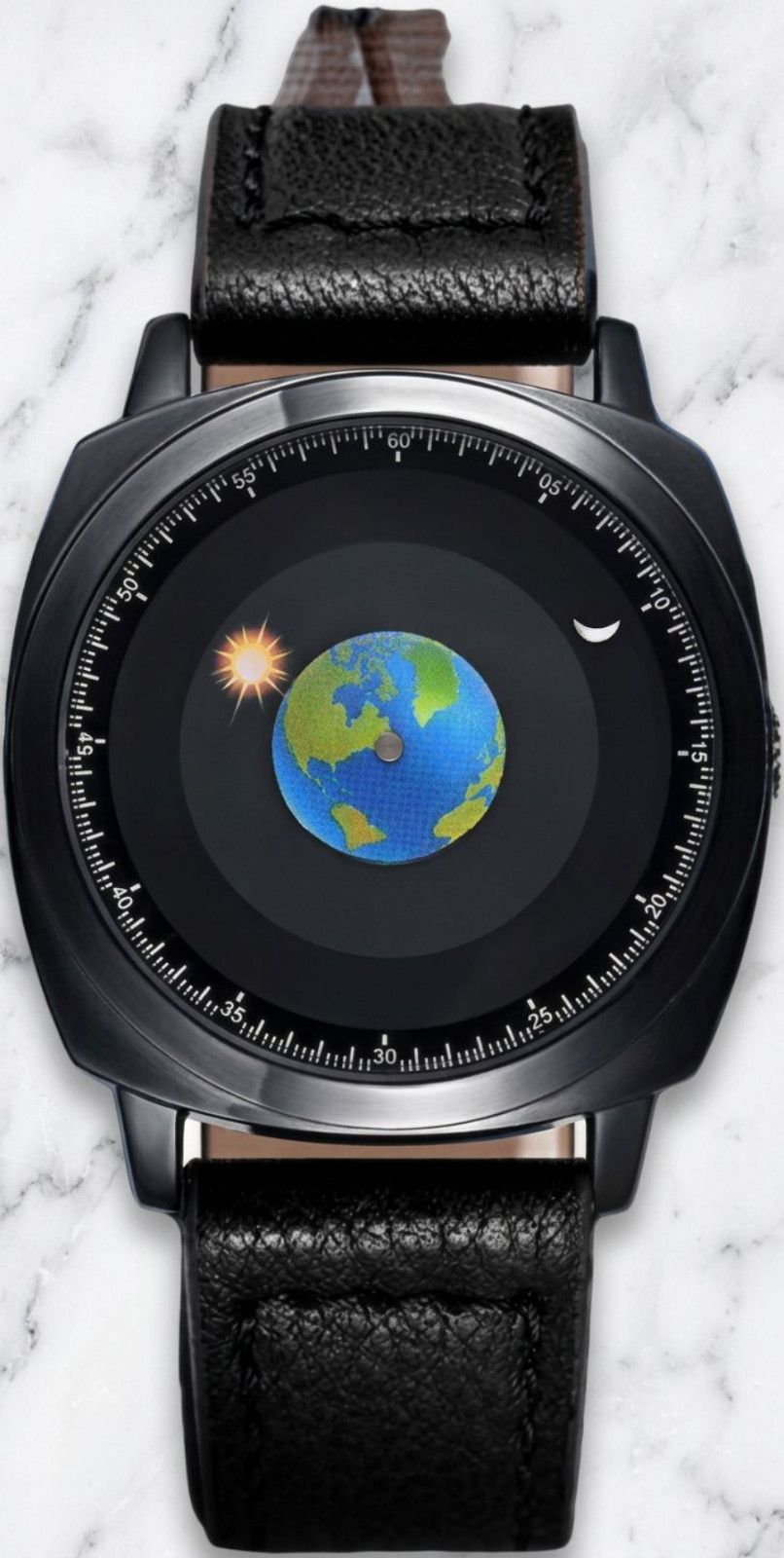 Men’s Creative World Map Watch Black Dial Earth Moon Sun Black Leather Strap