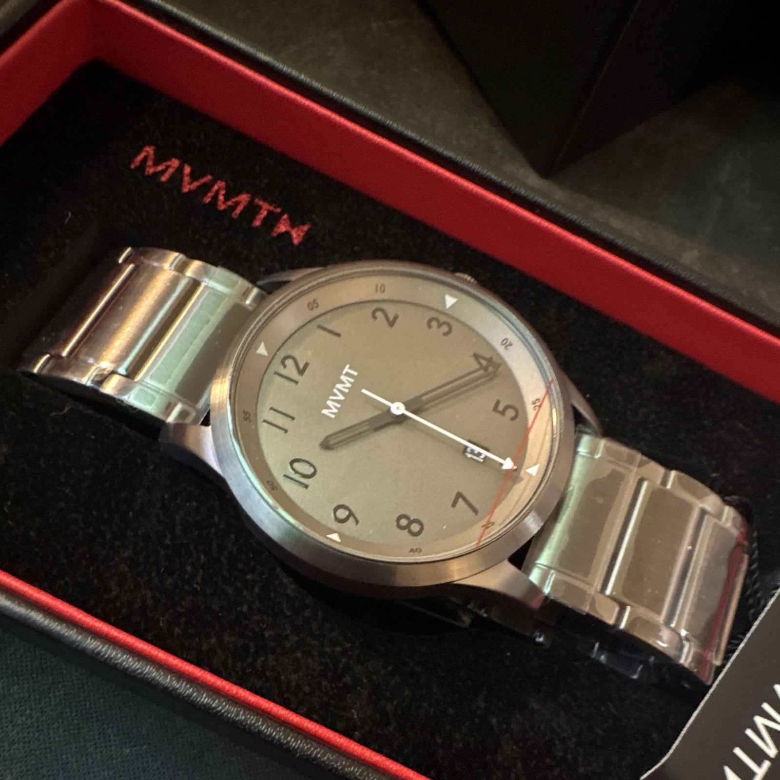 MVMT Quartz Gray Dial Date 42mm Stainless Steel Silver Bracelet Box Manual