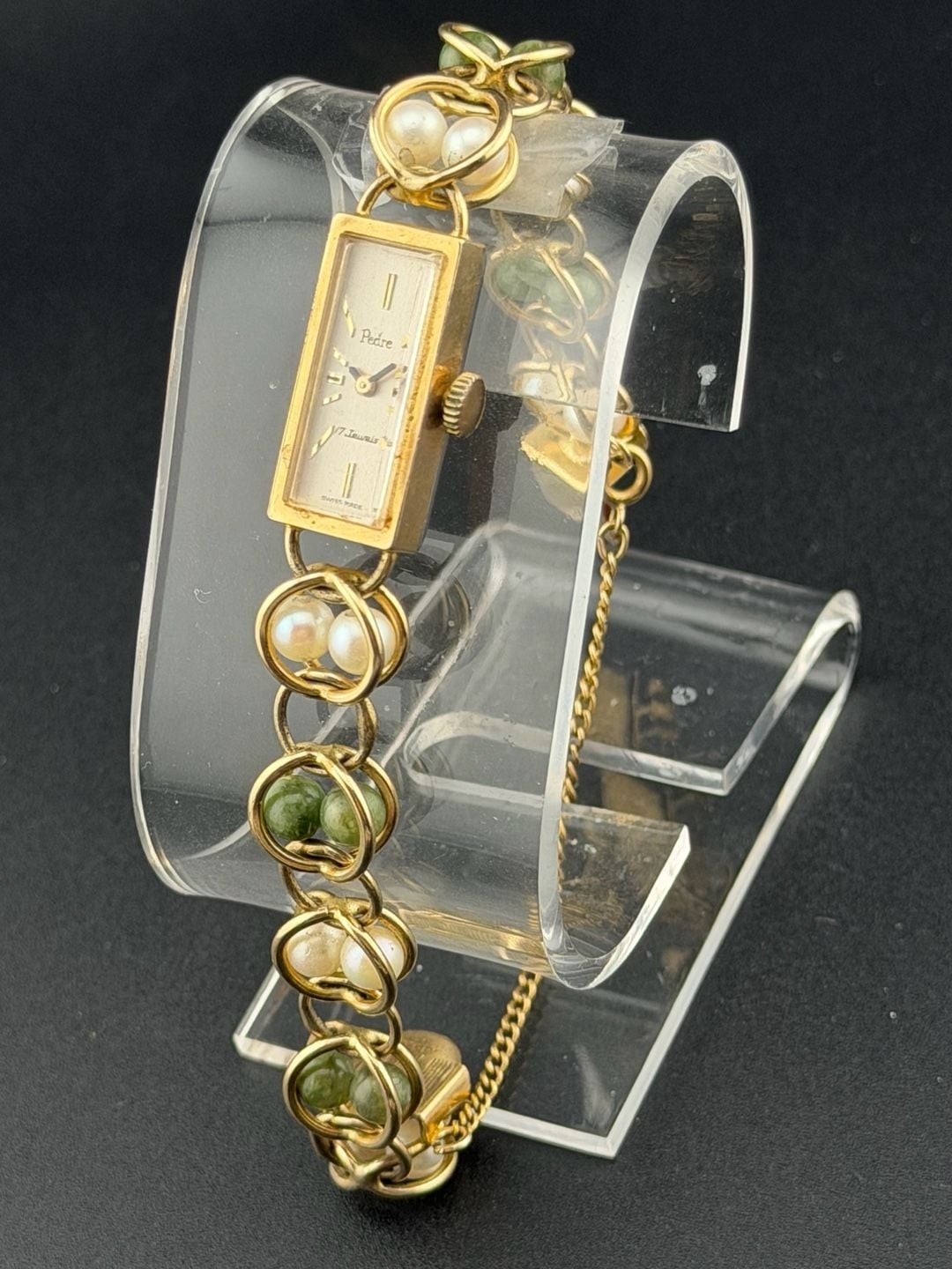 Pedre Vintage 17 Jewels Manual Wind Bracelet Watch Faux Pearl/Green Stone RGP/GF