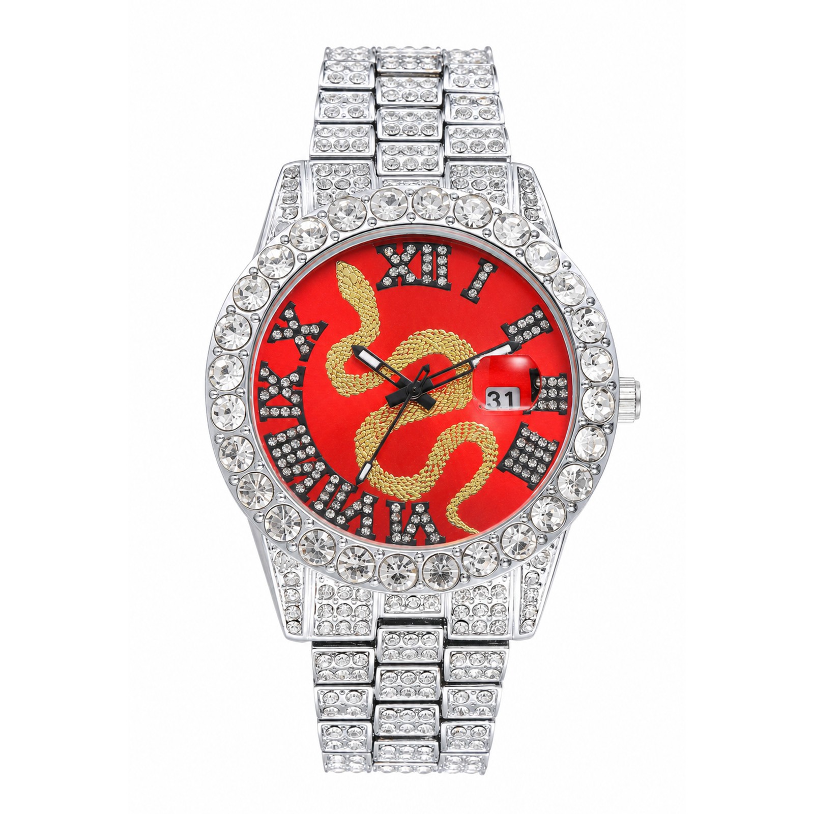 Unisex Snake Motif Waterproof Full-Diamond Wrist Watch Roman Numerals Dial Date