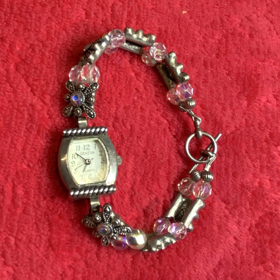 Geneva Women’s Quartz Dress Wristwatch Beaded Bracelet Silver/Pink Floral