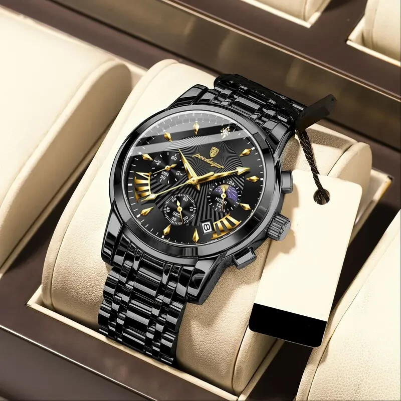 Poedagar Men’s Stainless Steel Black Chronograph Quartz Date Wrist Watch