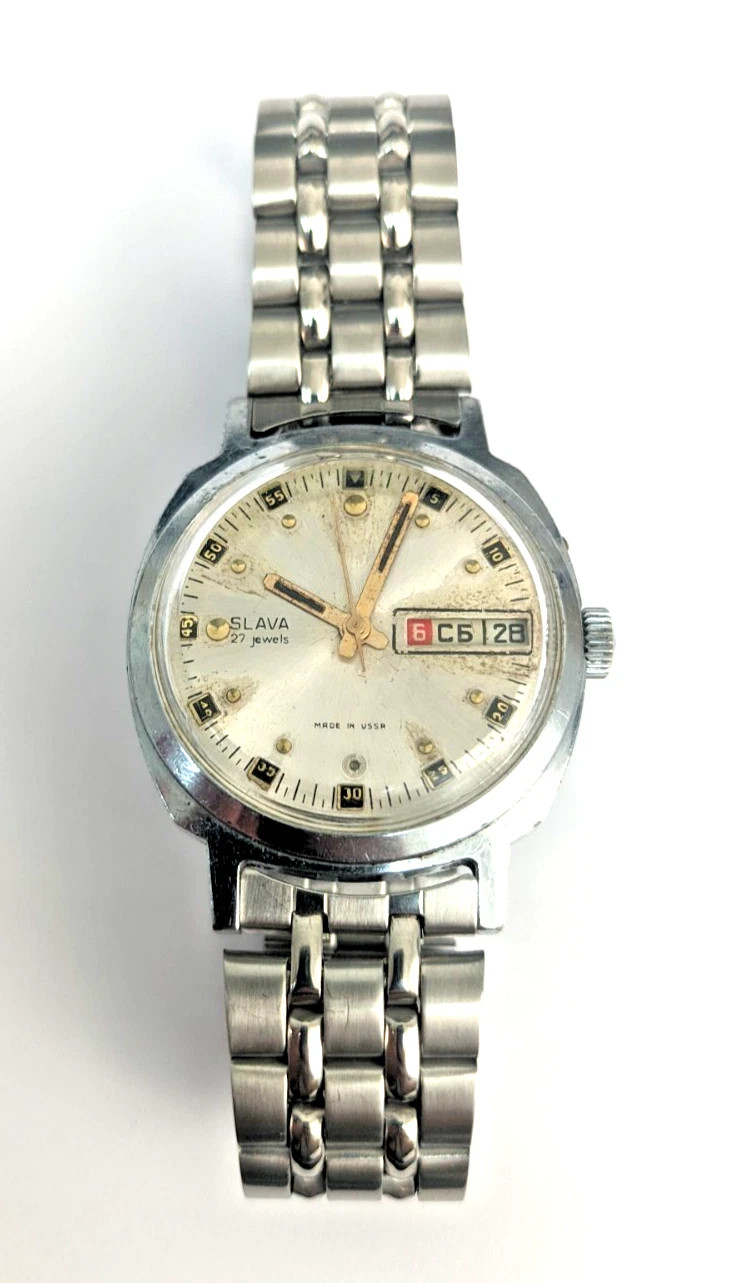 Vintage Slava Watch 27 Jewels USSR Day Date New Steel Bracelet Automatic Soviet
