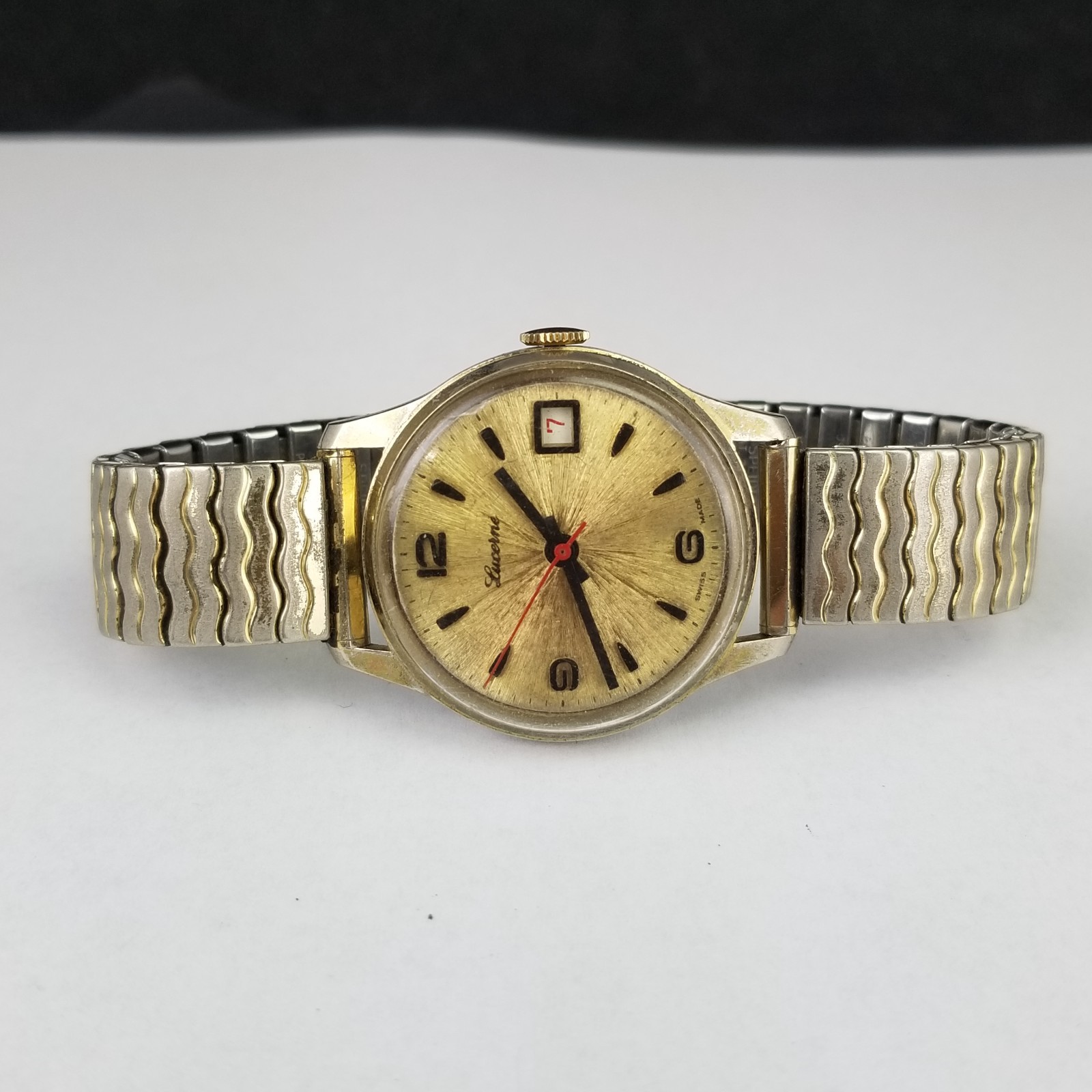 RARE vintage mens watch Lucerne manual hand wind STARBURST DIAL!