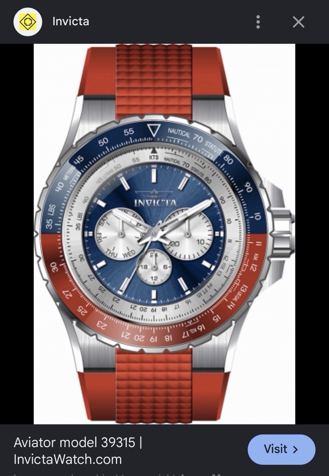 Invicta Aviator Men’s Quartz Chronograph Day/Date 44mm 100m Blue Red
