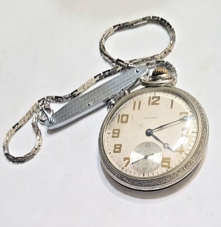 Antique 1931 Waltham 16s Pocket Watch With Chain & Knife PARTS REPAIR