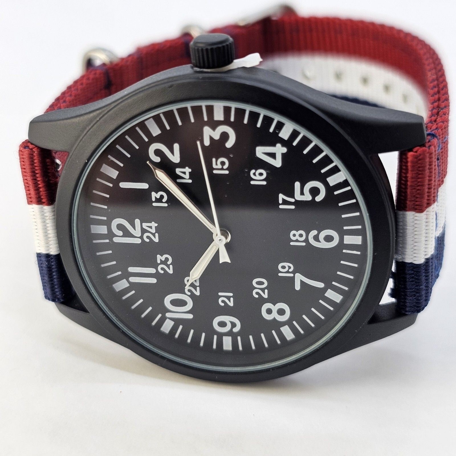 Men’s 42MM Field Watch‎ Black Dial Blue White Red Canvas Band Straps New Battery