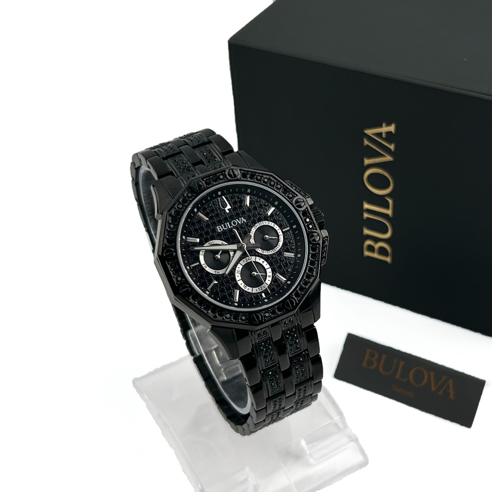 Bulova Octova Crystal 98c134 Mens Quartz Black Stainless Steel Gemmed Dial 41mm