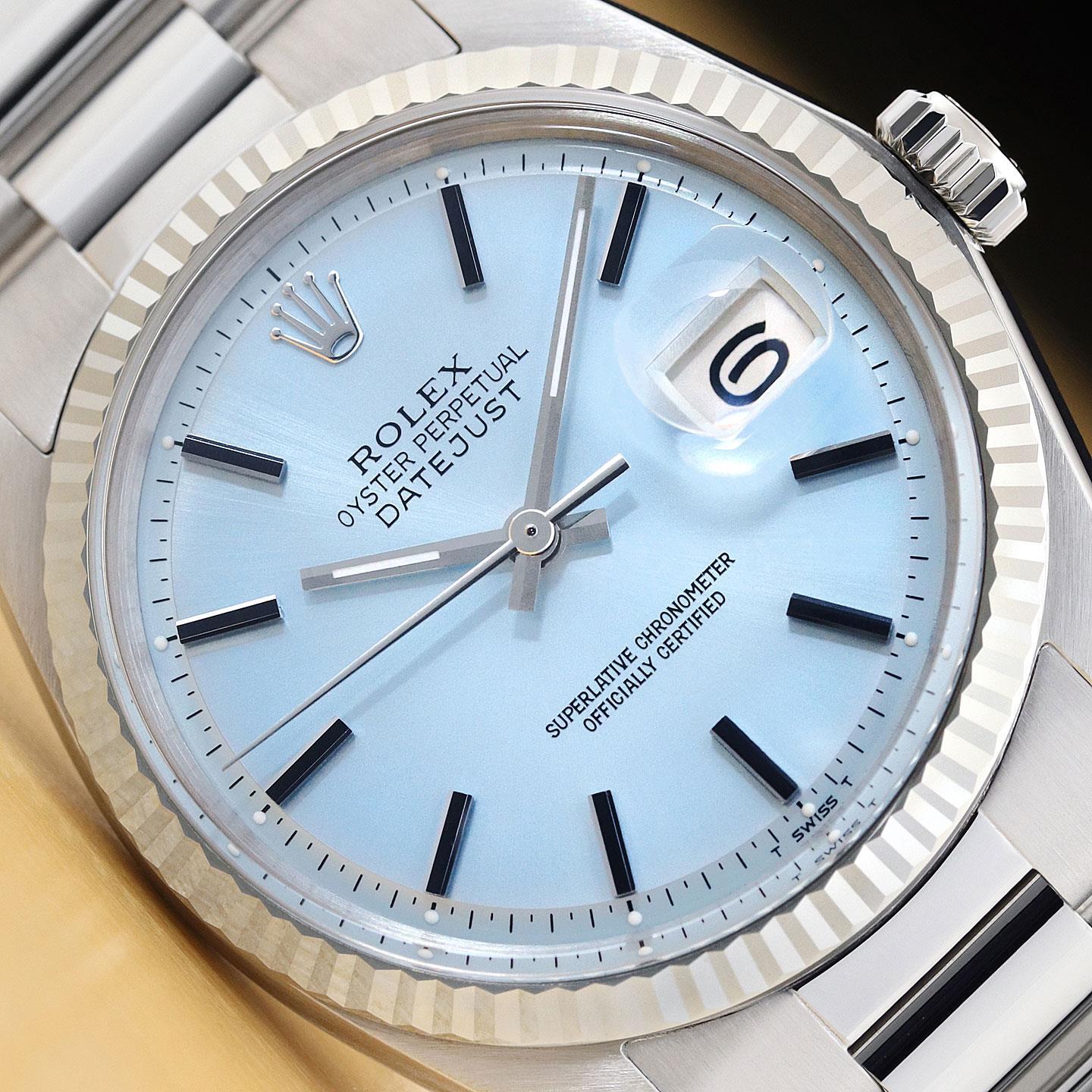ROLEX MENS DATEJUST 18K WHITE GOLD STAINLESS STEEL ICE BLUE OYSTER WATCH