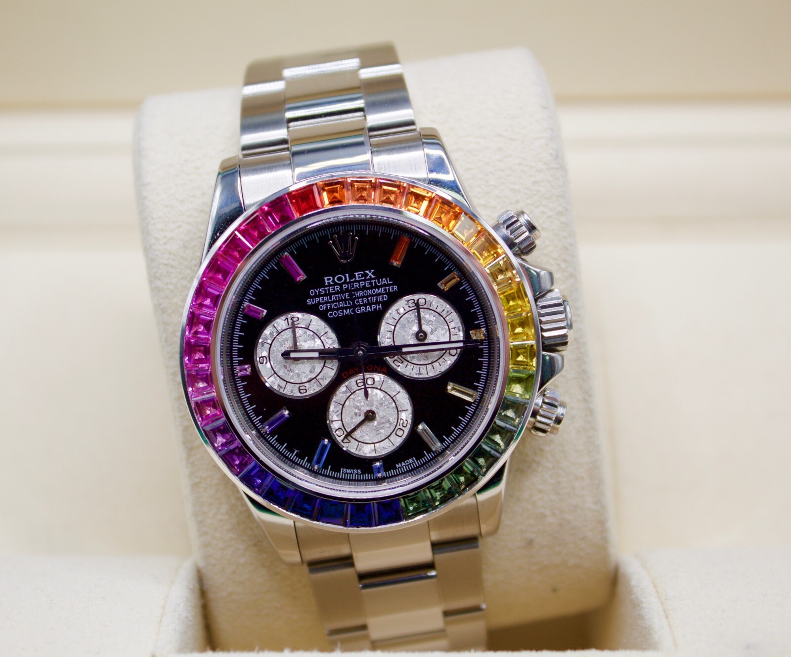 Rolex Daytona 40mm Custom Rainbow Black Dial Rainbow Bezel Stainless Oyster B/P