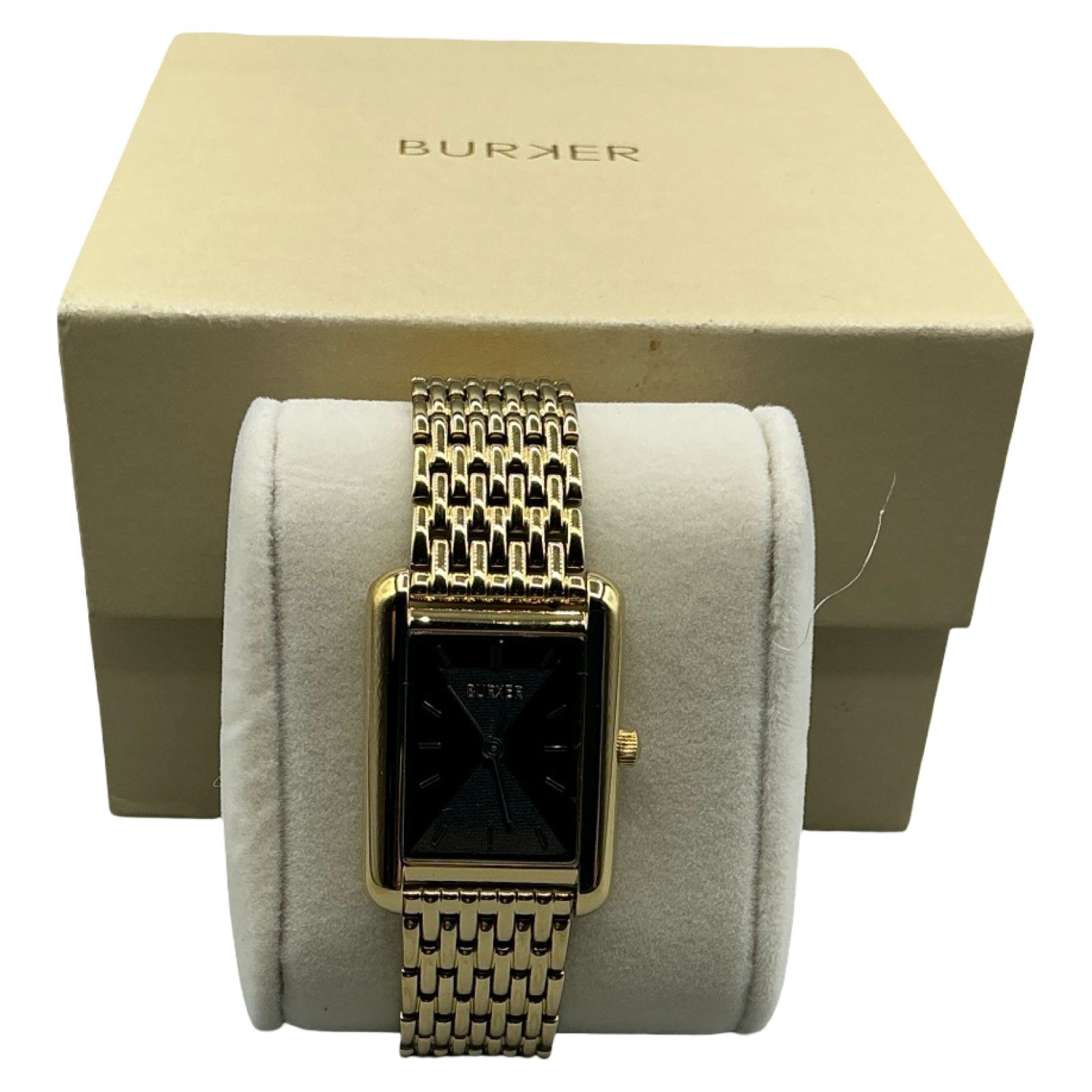 Burker Womens Gold Tone Rectangular Watch Black Dial Jubilee Link Bracelet Box