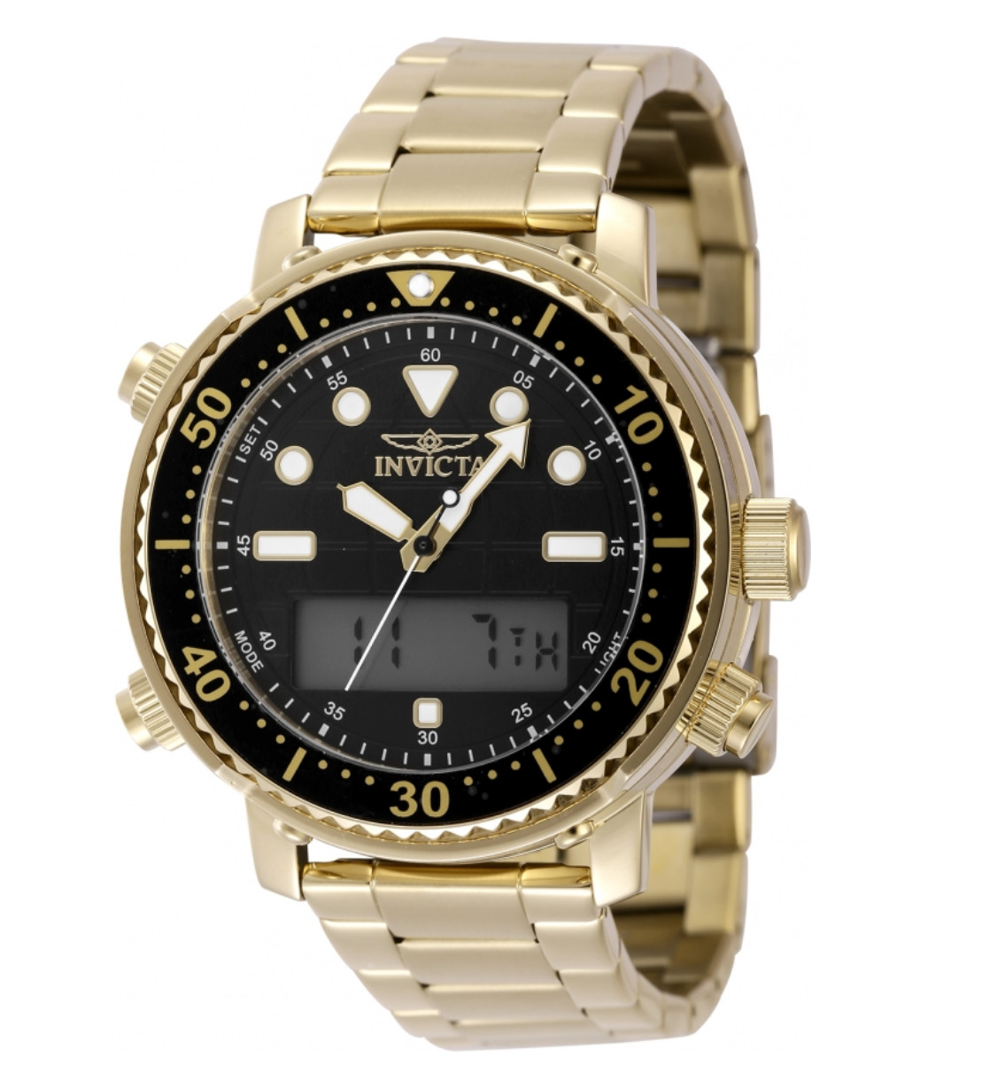 Invicta Pro Diver Men’s 46.5mm Gold Dual Time Digital Ana-Digi Watch 48372