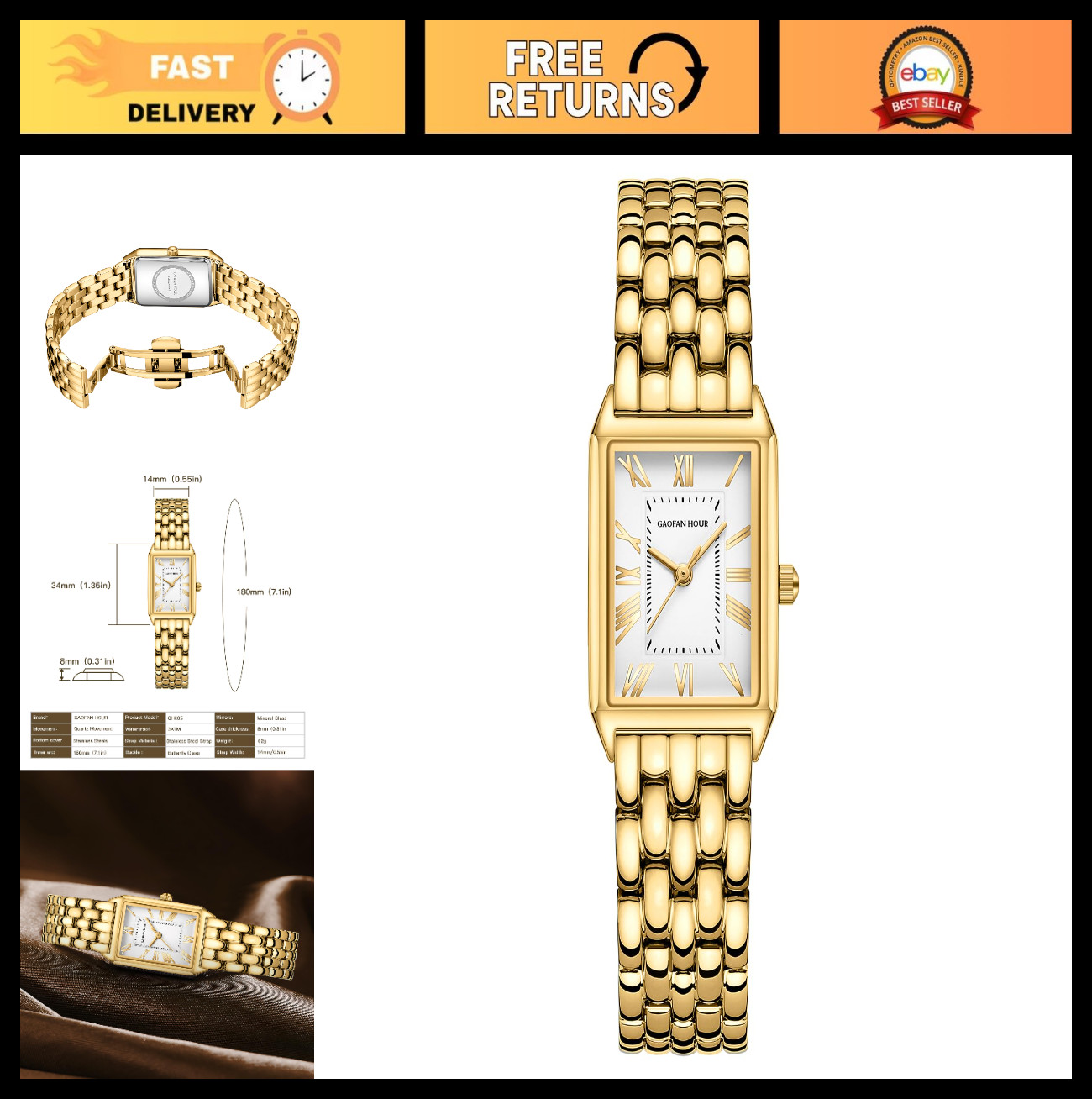Vintage Gold Women’s Watch, Rectangular Case, White Roman Dial, Stainless Steel