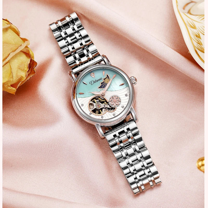 Women’s Automatic Flower Rotating Moonphase Watch Luxury Waterproof Luminous