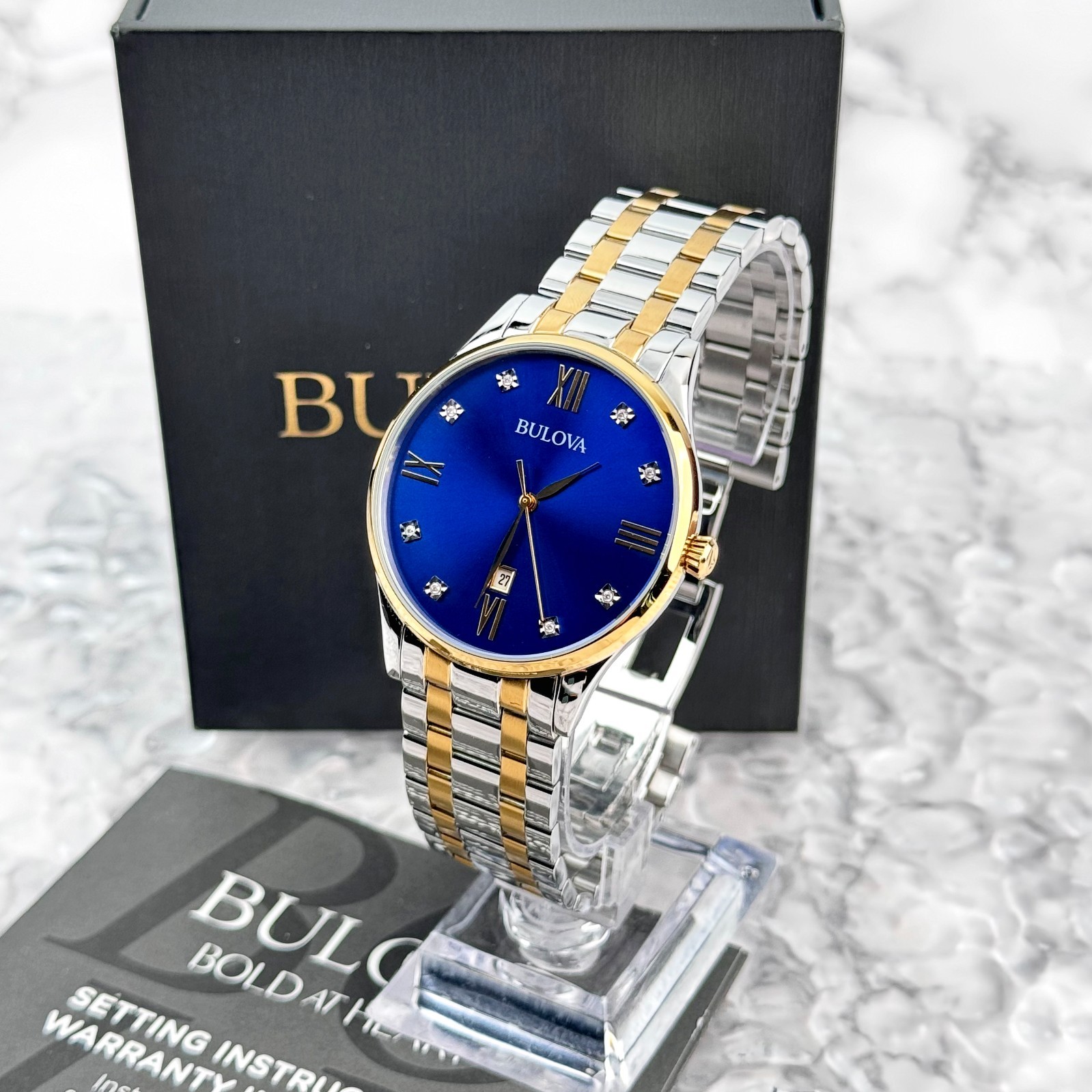 Bulova Men’s Classic Diamond Blue Dial Two-Tone Stainless Steel Watch 98D130