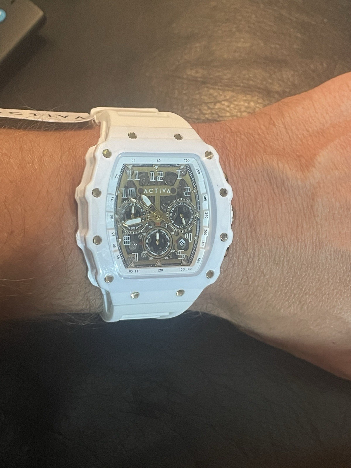 Activa Chronograph White Silicone Strap Skeleton Dial Date Watch 43mm – New