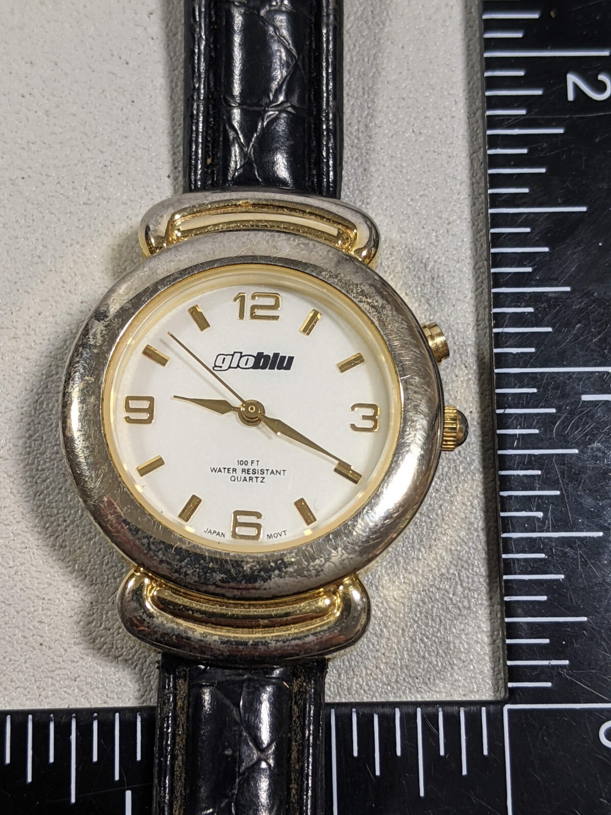 Glo Blue White Dial Round Gold Tone Case 38 mm Black Band Watch