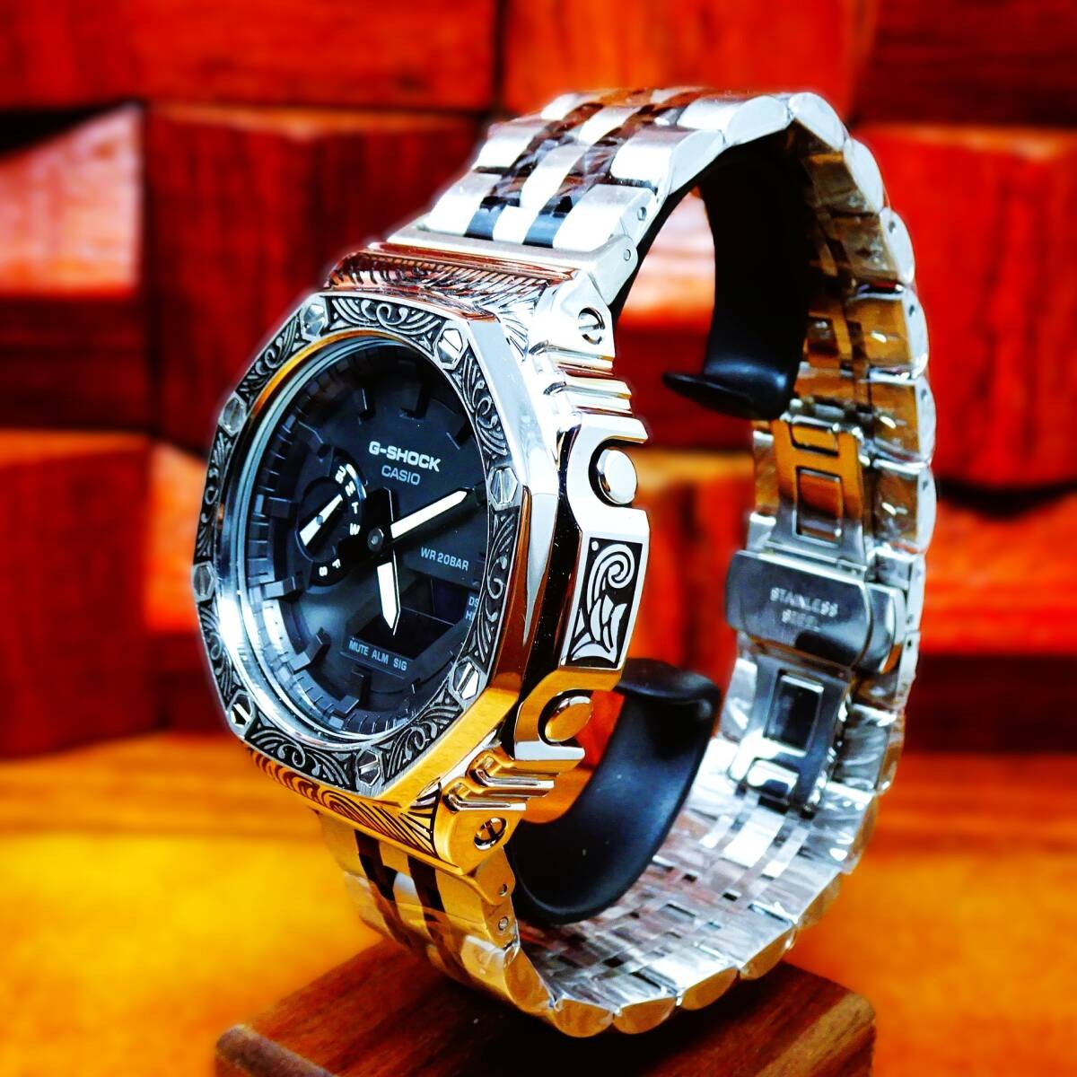 CUSTOM CASIO G-Shock GA-2100-7A Stainless Steel Venetian Pattern New item in Box