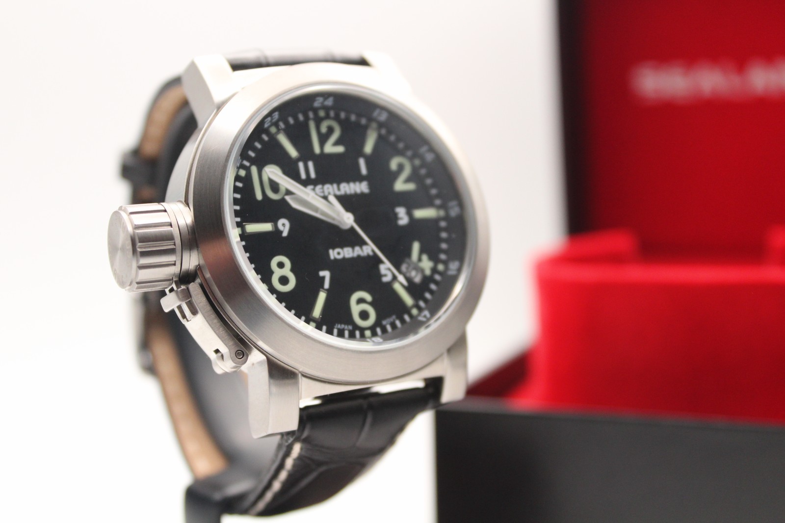 Rare JDM SEALANE 10 BAR Men’s Quartz Watch 44.7mm Box & Tags Black Dial Leather