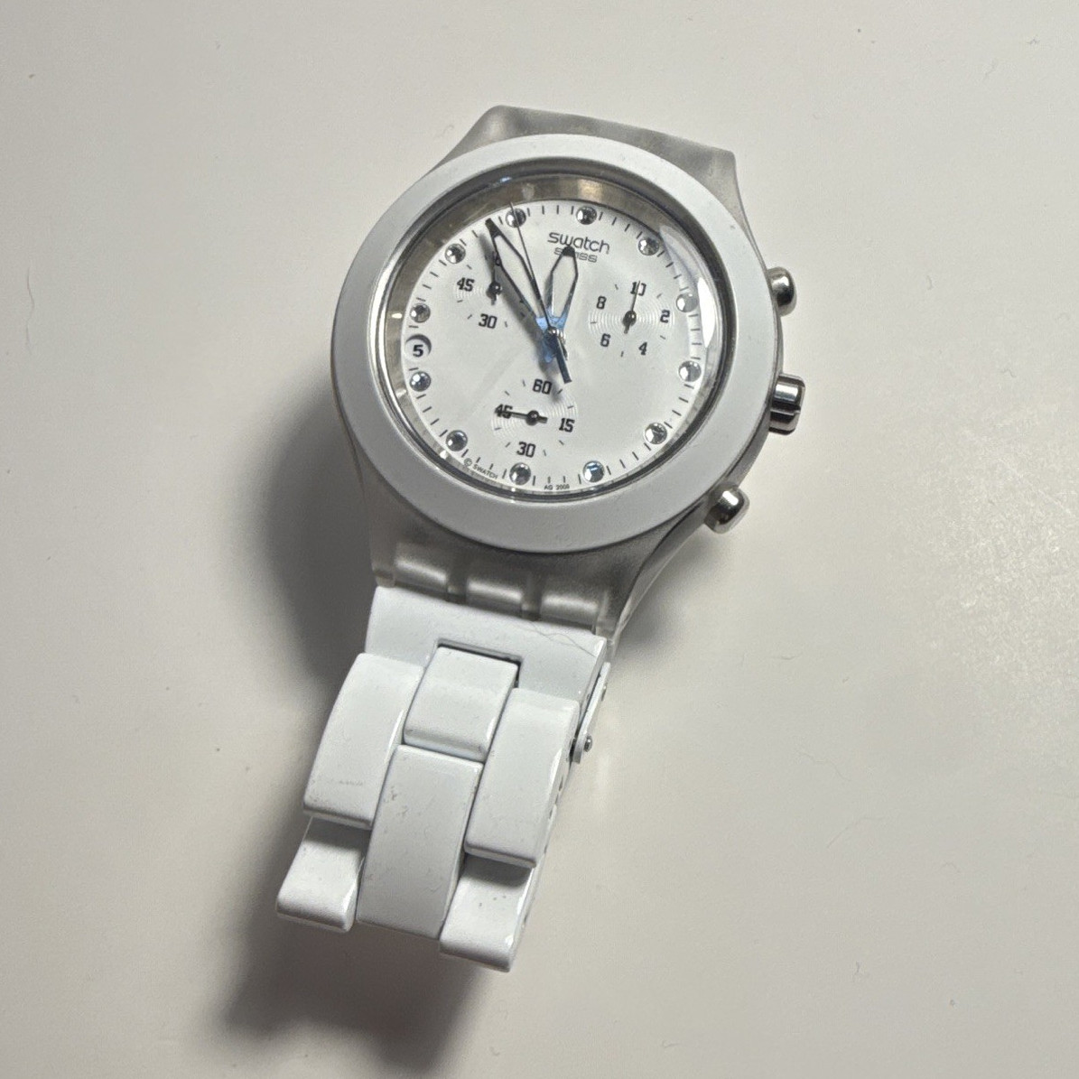 Swatch Irony Chronograph Quartz White Dial Silver Case White Bracelet