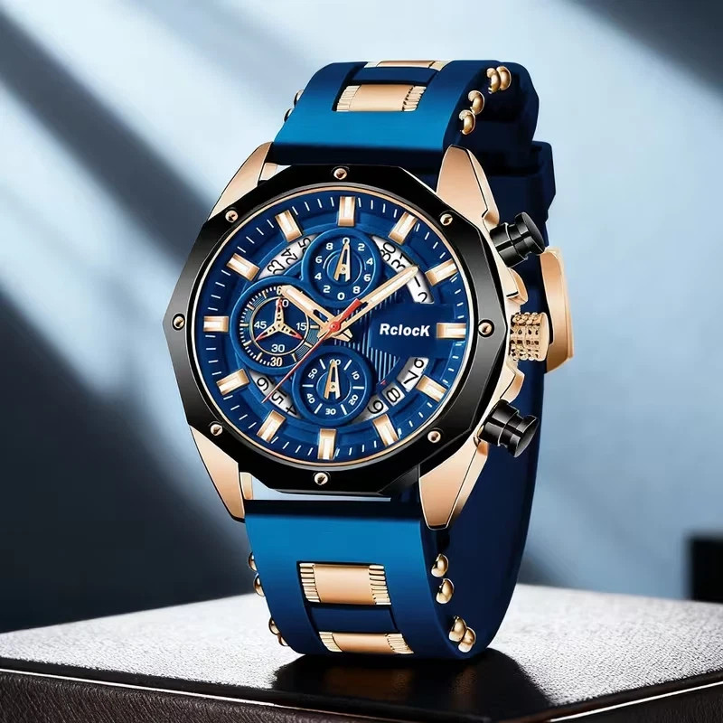 Men’s Quartz Watch Blue & Rose Gold Tone Silicone Strap Chronograph & Date