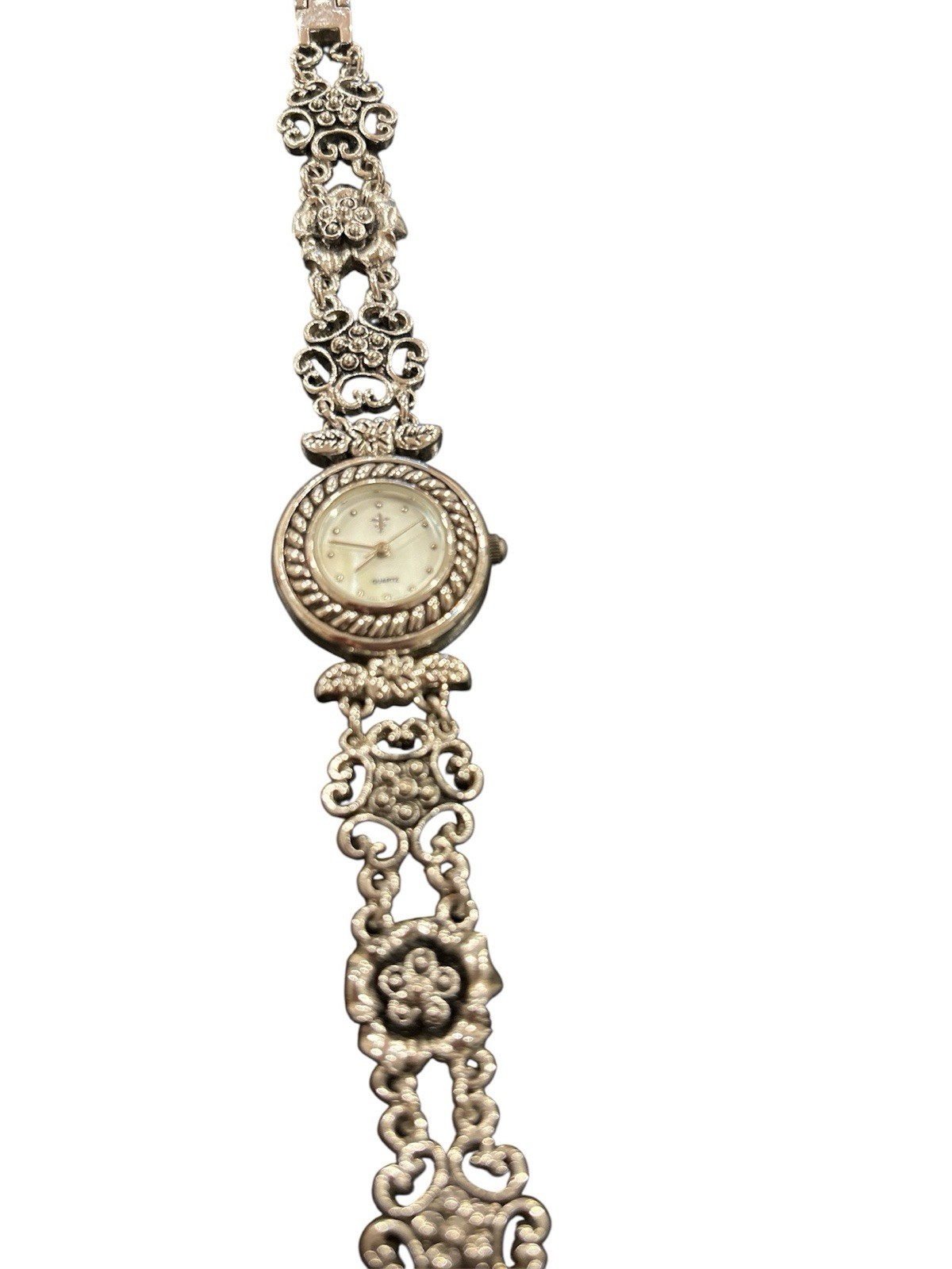 Silver Tone Floral Filigree Bracelet Watch Japan Mother of Pearl New Battery