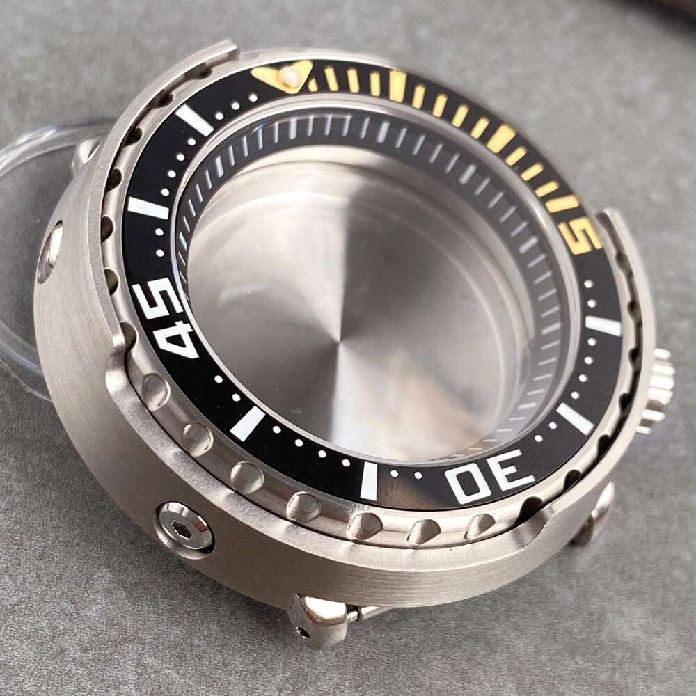 30ATM Diver 46.5mm Black Yellow Bezel Watch Case Fit NH35A NH36 4 o’clock Crown