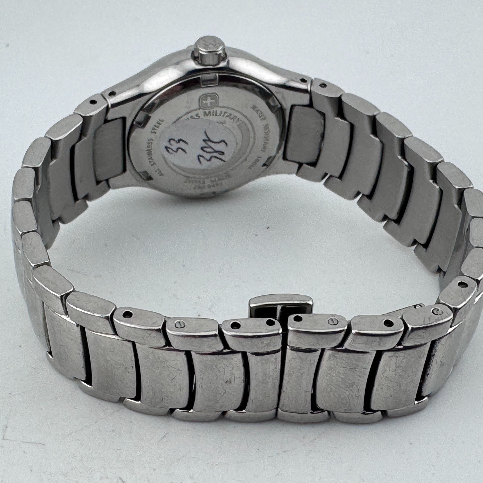 Swiss Military Quartz Watch Women 100m Silver Steel Fixed Bezel New Battery 6.5″