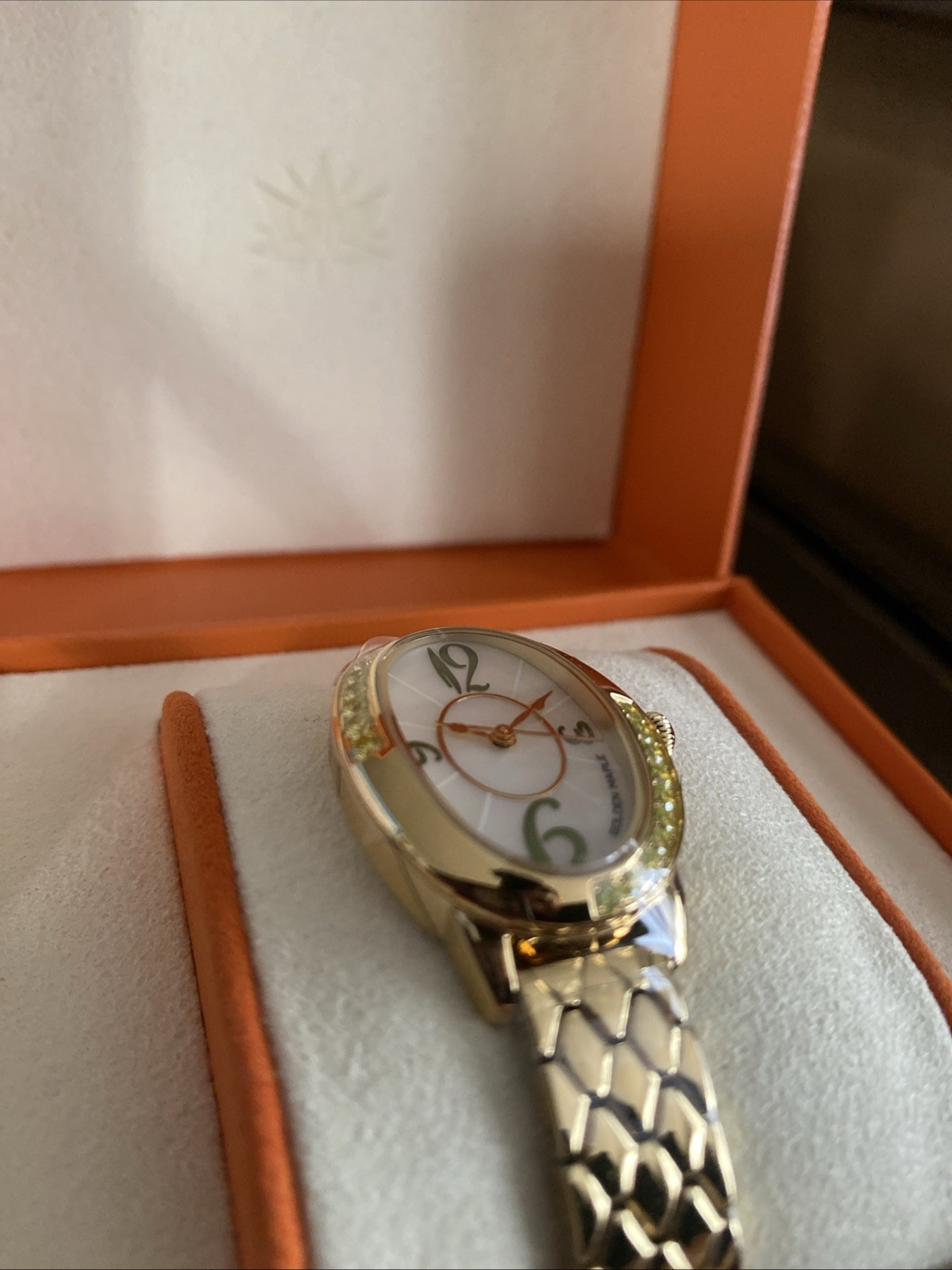 GOLDEN MAPLE Oval Gold Tone Watch Mother of Pearl Dial Crystal Bracelet 28mm