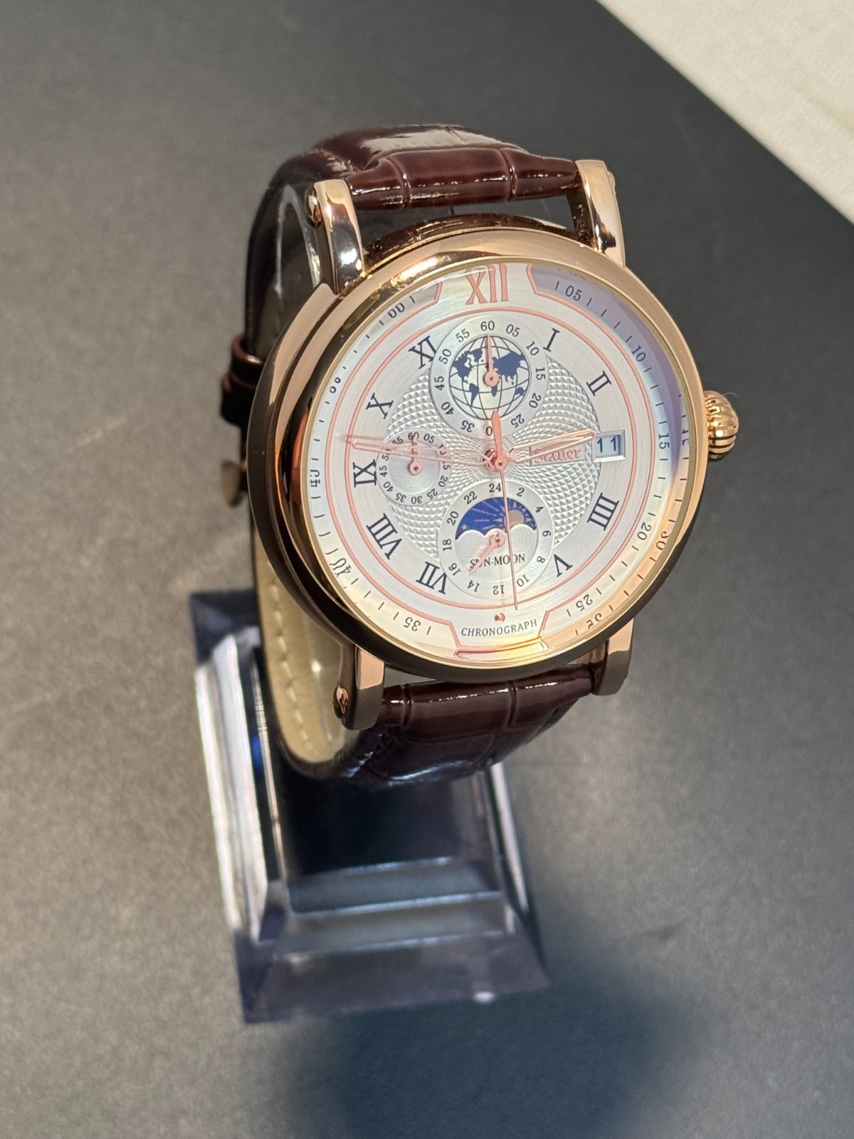Stauer Guilloche Precision Quartz Chronograph Rose Gold Plated Men’s Watch 61228