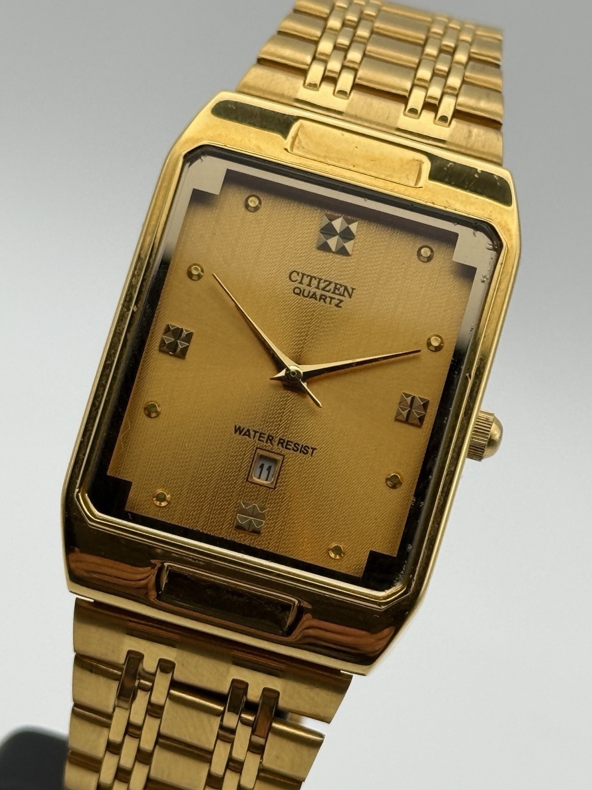 Citizen Quartz Men’s Dress Watch Gold Tone Rectangle Analog Date Water Resist
