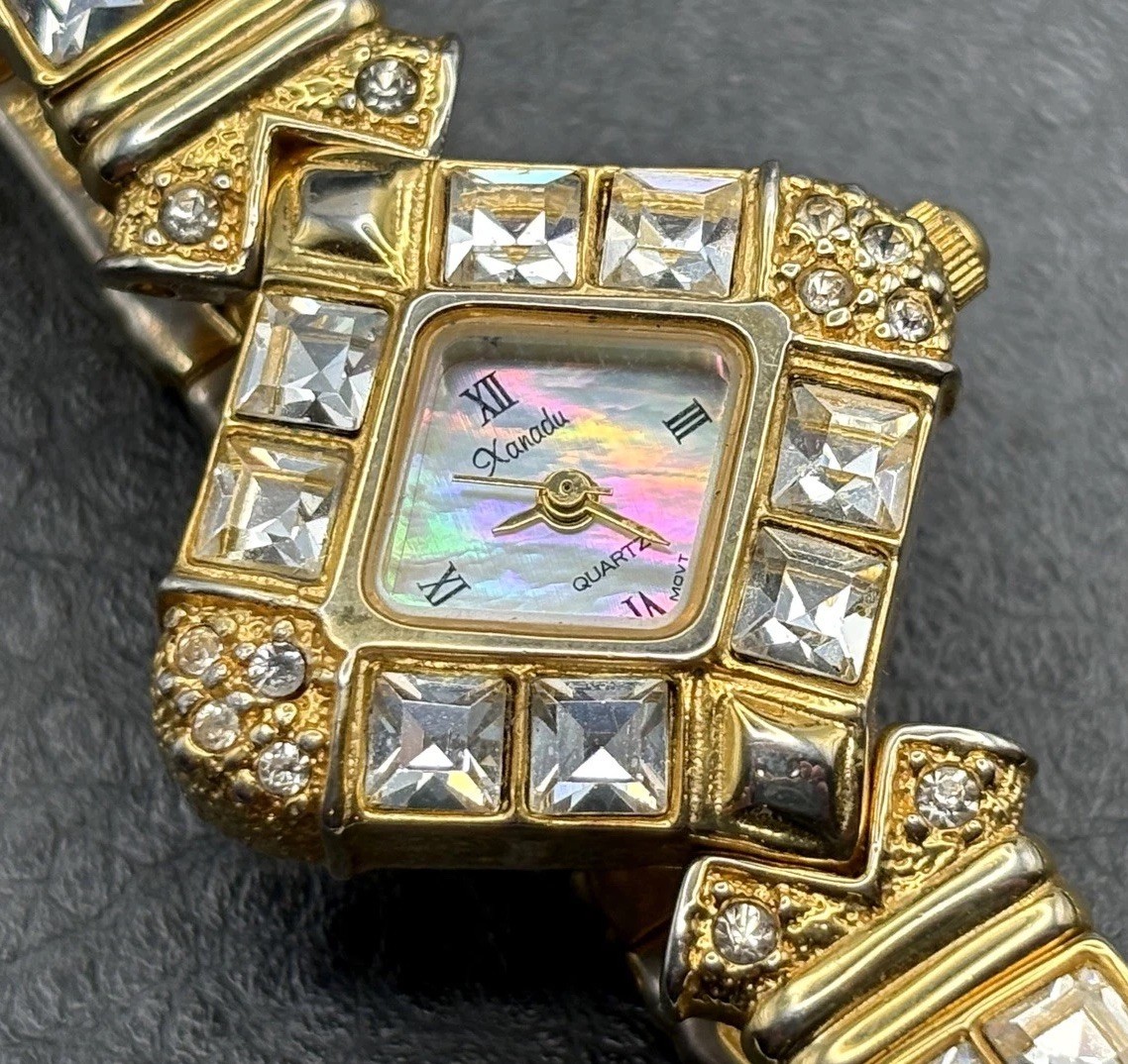 VTG Xanadu Crystal Rhinestone Mother Of Pearl Bling Quartz Watch NEEDS BATTERY