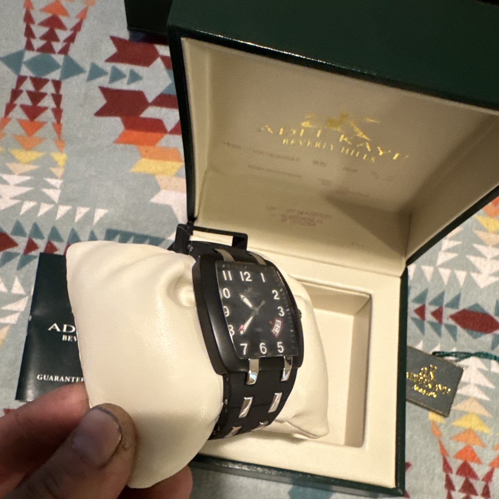 Adee Kaye Beverly Hills Quartz Rectangle Watch Black Dial Rubber Strap Date Box