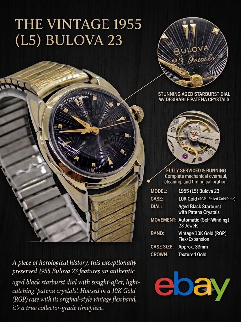 Vintage 1955 Bulova 23 10K Gold (RGP)Sunburst Dial/Vtg. 10k Gold (RGP)Flex Band
