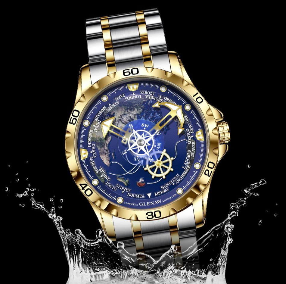 GLENAW Men’s Automatic Mechanical Watch Skeleton Dial 3TM Waterproof Watch Gift