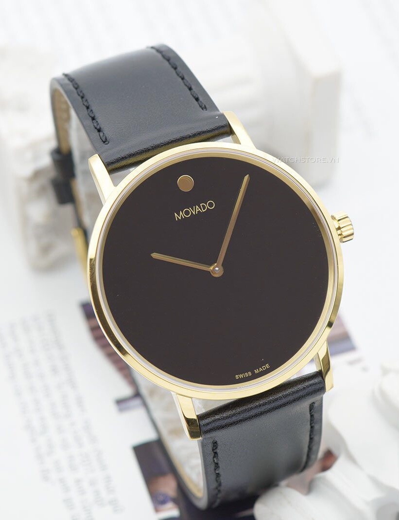 Brand New Movado Men Signature Yellow Gold Black Dial Leather Band Watch 0607591