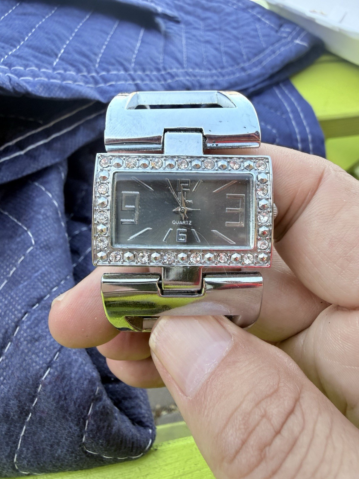 FMD Women’s Silver Quartz Rectangular Bangle Gem-Set Bezel Analog Wristwatch