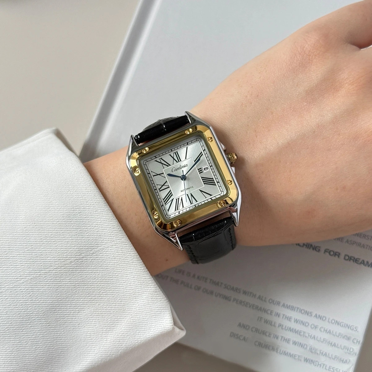 Men’s Square Quartz Watch Roman Numeral Leather Strap Date Waterproof Dress
