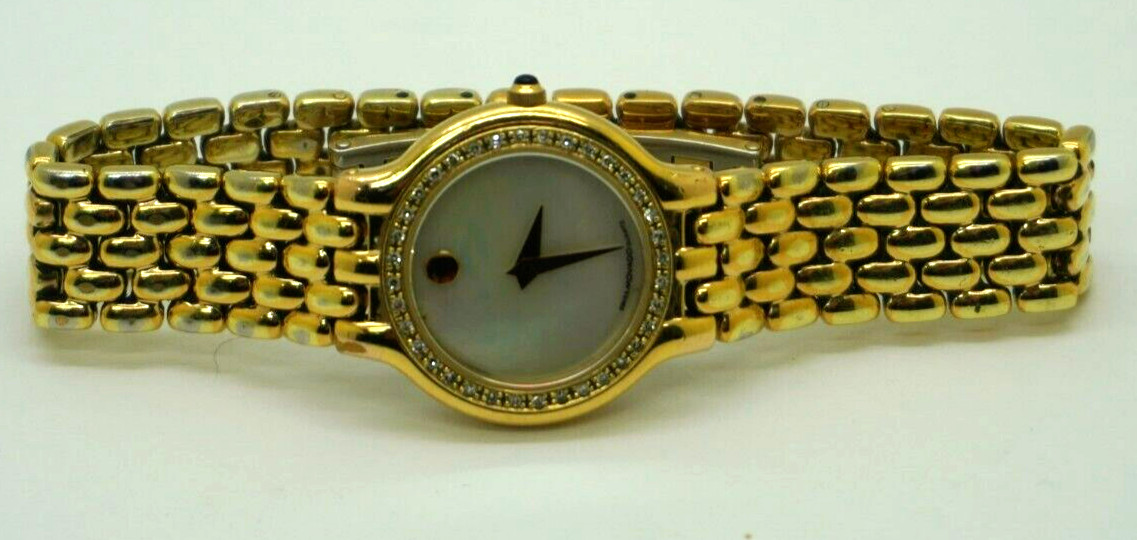 Movado Museum Watch Women 25mm MOP Dial Gold Tone Diamond Bezel