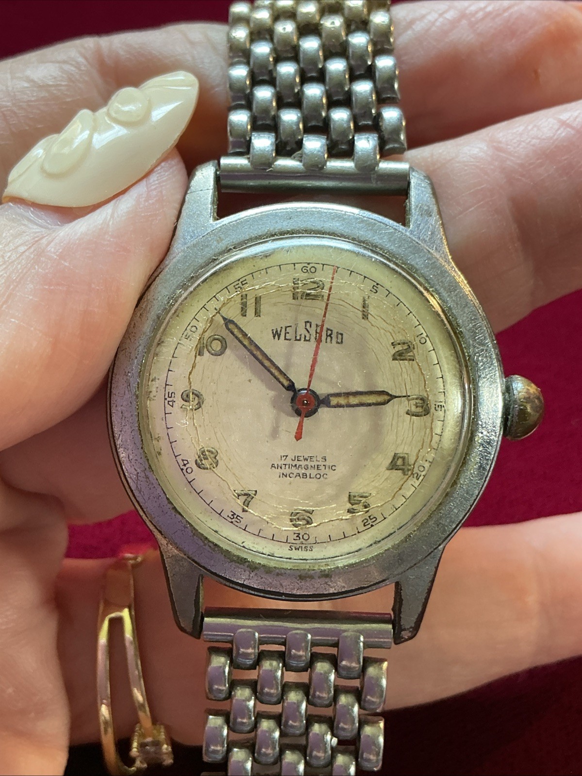 Vintage Welsbro Silver Tone 17 Jewels Antimagnetic Incabloc Men’s Watch Parts!