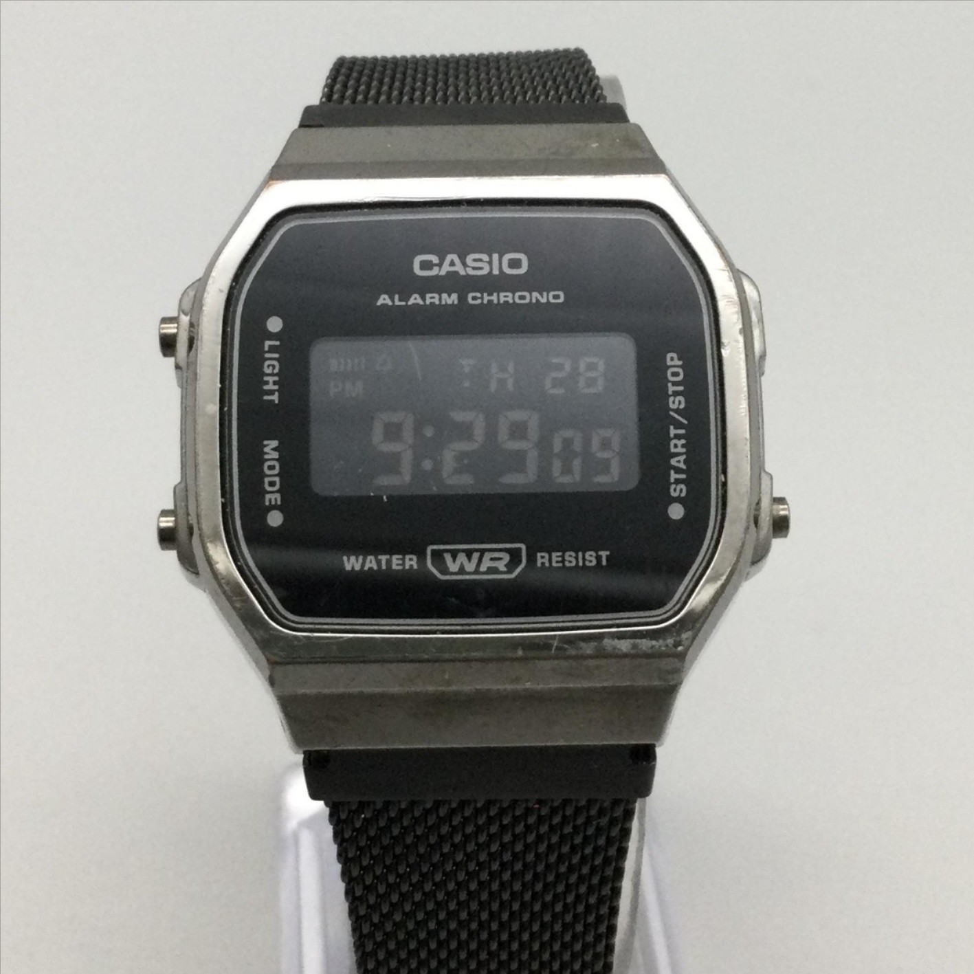 Casio A178WE Mens Watch 35mm Black Digital Dial Silver Tone Mesh Stainless Band