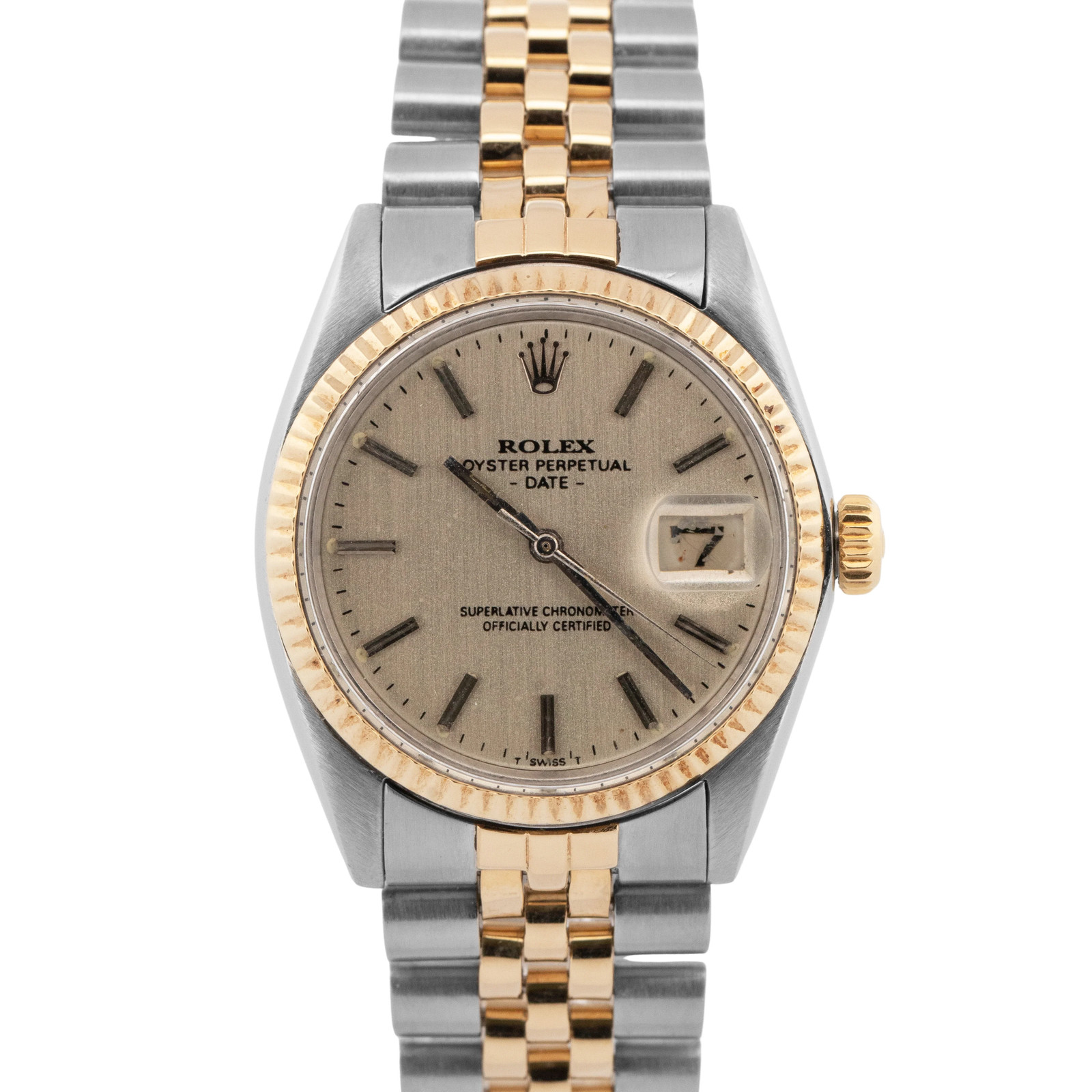 Rolex Oyster Perpetual Date SILVER Two-Tone Gold Stainless Steel 34mm 1500 Watch